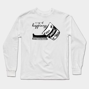 coffee cup take away with cup of happiness, doodle lino cut black and white minimal design Long Sleeve T-Shirt